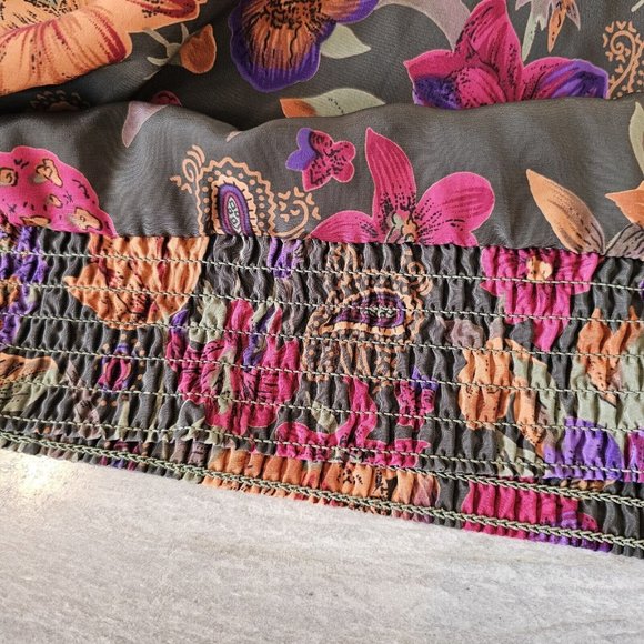 VTG 80s 90s L Green Floral‎ Longsleeve Blouse Colorful Collared Smocked Waist - Picture 4 of 8